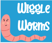 Wiggle Worms Story Time logo: pink worm on blue background