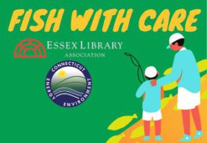 Fish with CARE event logo with cartoon style adult and child fishing against green background