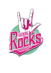 graphic logo for Signing Rocks, with their name in front and a hand making a "rock on" sign in the back