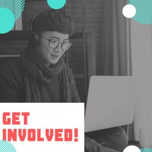 Black and white image of teen at computer with the words "GET INVOLDED!" over it.