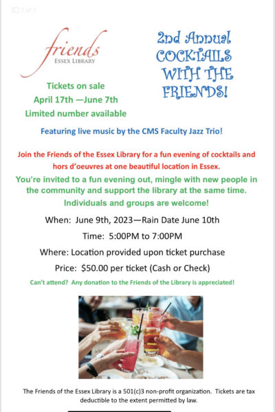 colorful flyer promoting the 2nd Annual Cocktails with the Friends event on June 9 at 7 PM, $50 per ticket, with live music and a rain date of June 10