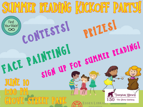 image promoting the Summer Reading Kickoff event for kids at Grove Street Park on June 10 at 1 PM