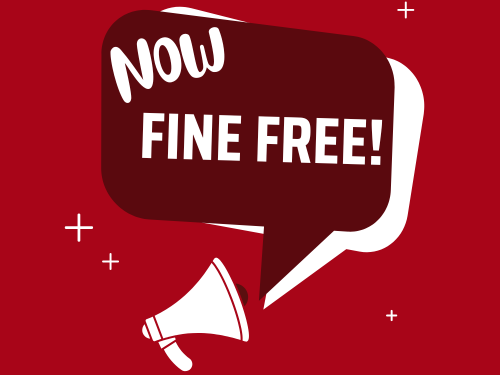 red and white image of megaphone and speech bubble with the words Now Fine Free!