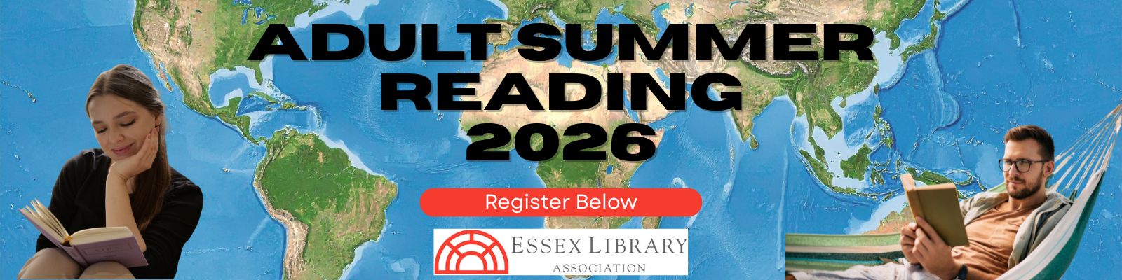 banner that reads "adult summer reading 2026 - register below" over a map image of the world, with a woman reading in the left corner and a man reading in the right corner