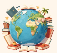 image of the earth surrounded by books in a cartoon style