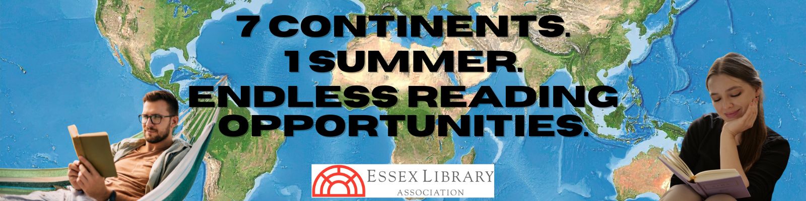 Banner that reads "seven continents, one summer, endless reading opportunities" in black text over a map of the world with pictures of people reading in the corners.