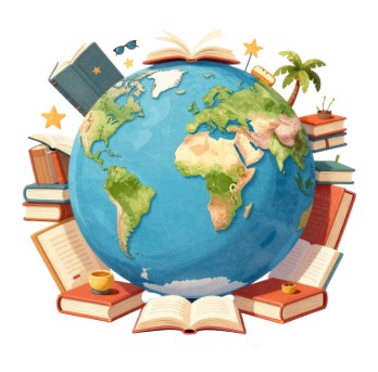 image of the earth surrounded by books in a cartoon style