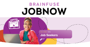 teen sitting at a computer with text promoting Brainfuse Jobnow support for job seekers