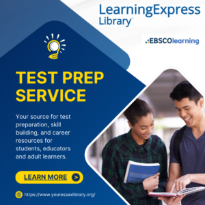two students studying together with text advertising test prep services from Learning Express Library